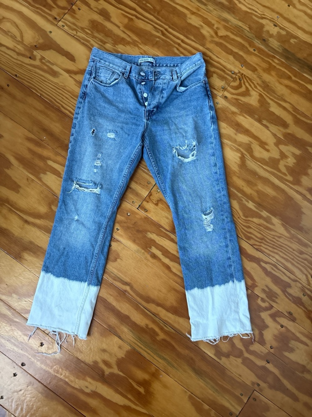 Zara Blue Distressed Straight Jeans with White-Dipped Hems